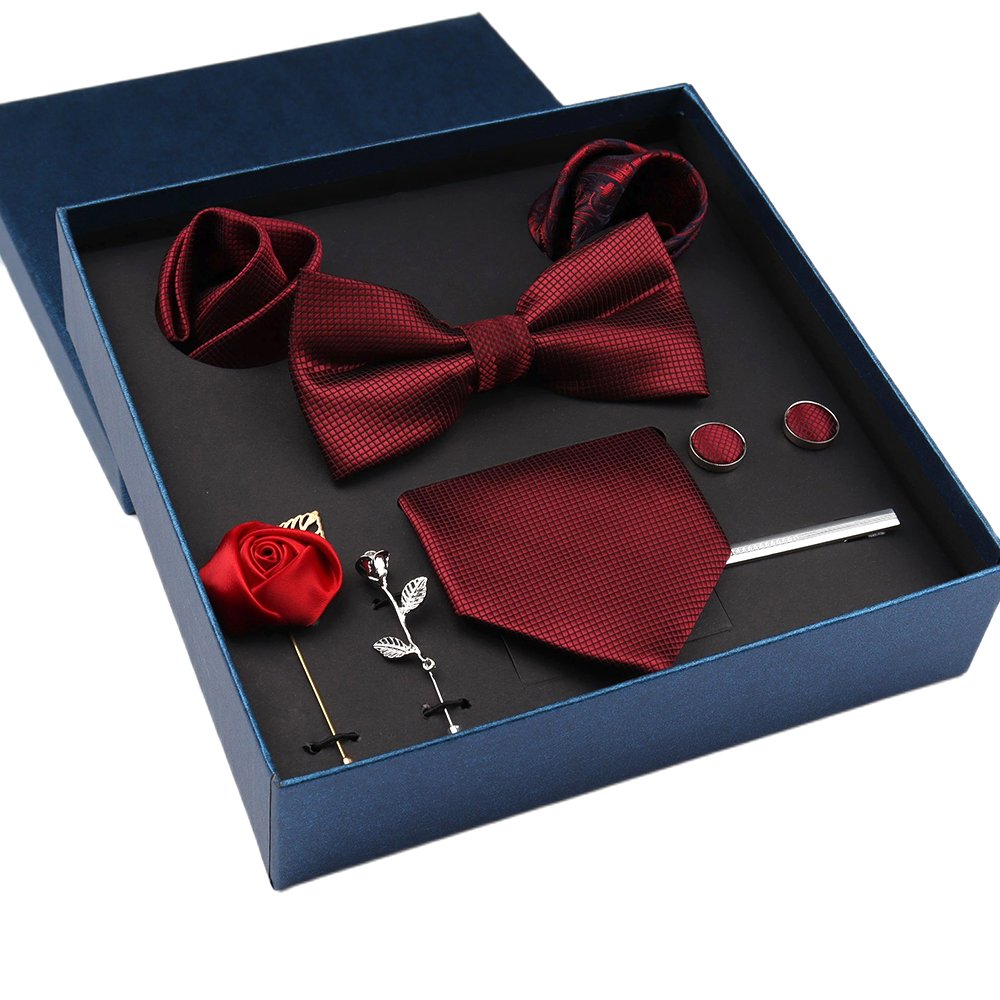 Classic Men Necktie Set Plaid Men Ties Set Box Blue Neck Tie And Cufflinks With Handkerchief Lapel Pins Set For Man