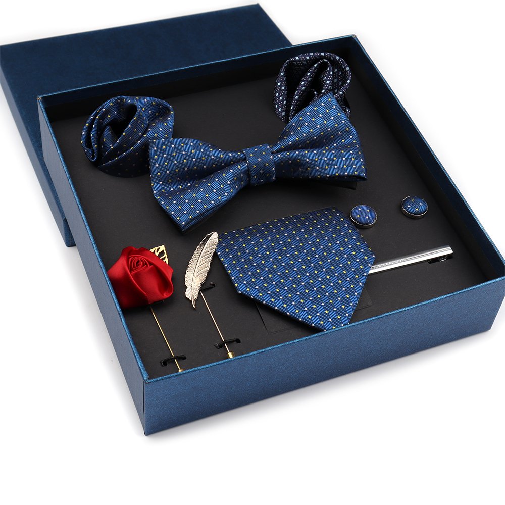 Classic Men Necktie Set Plaid Men Ties Set Box Blue Neck Tie And Cufflinks With Handkerchief Lapel Pins Set For Man