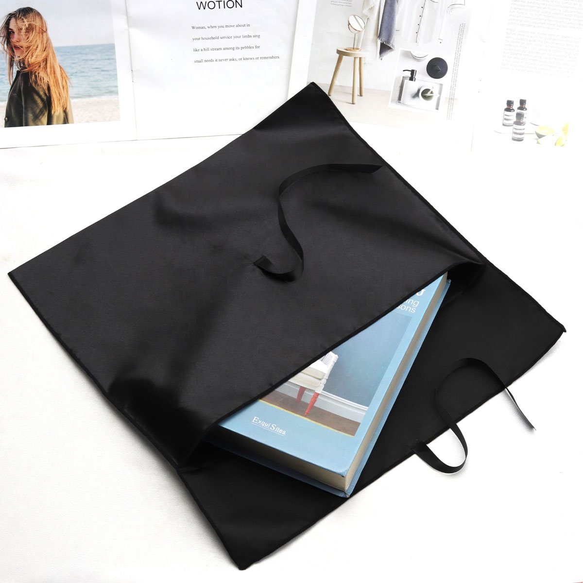 Hot Sale Black Satin Hair Extension Packaging Envelope Bag With Tie Custom Logo Printing Silk Pouch Satin Dust Wig Bag