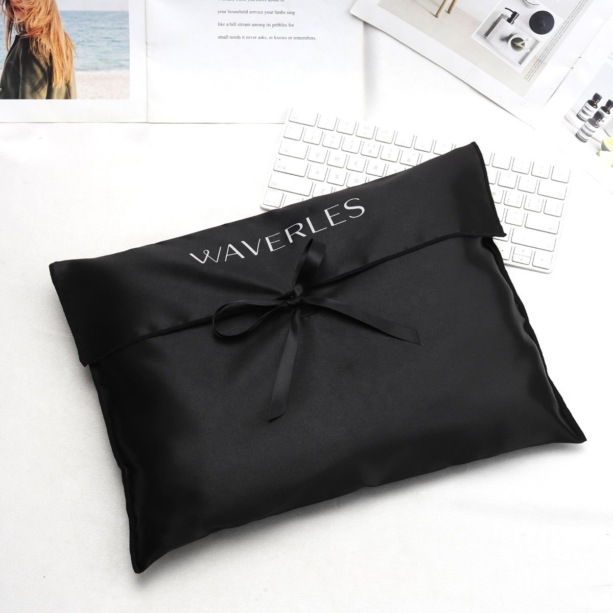 Hot Sale Black Satin Hair Extension Packaging Envelope Bag With Tie Custom Logo Printing Silk Pouch Satin Dust Wig Bag