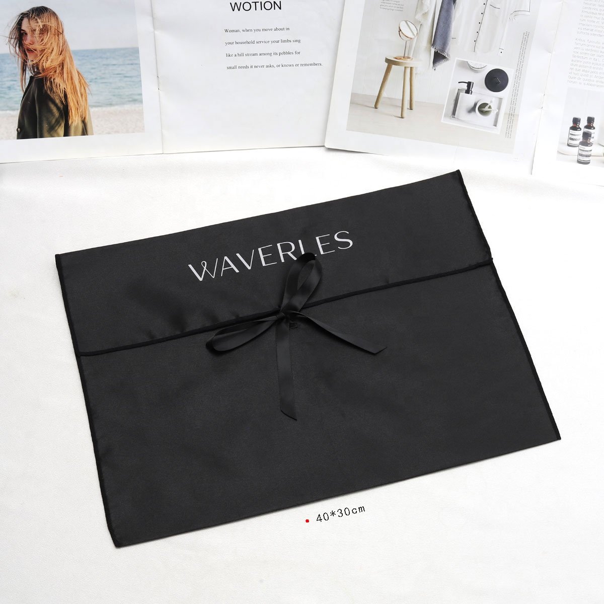 Hot Sale Black Satin Hair Extension Packaging Envelope Bag With Tie Custom Logo Printing Silk Pouch Satin Dust Wig Bag