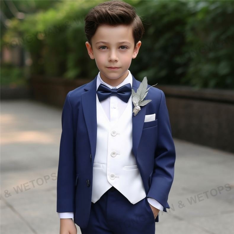Custom Clothing Bow Tie 3 Piece White Blue Formal wear Child Tuxedos Outfits Kids Party Clothes Boys Clothing Set For Wedding