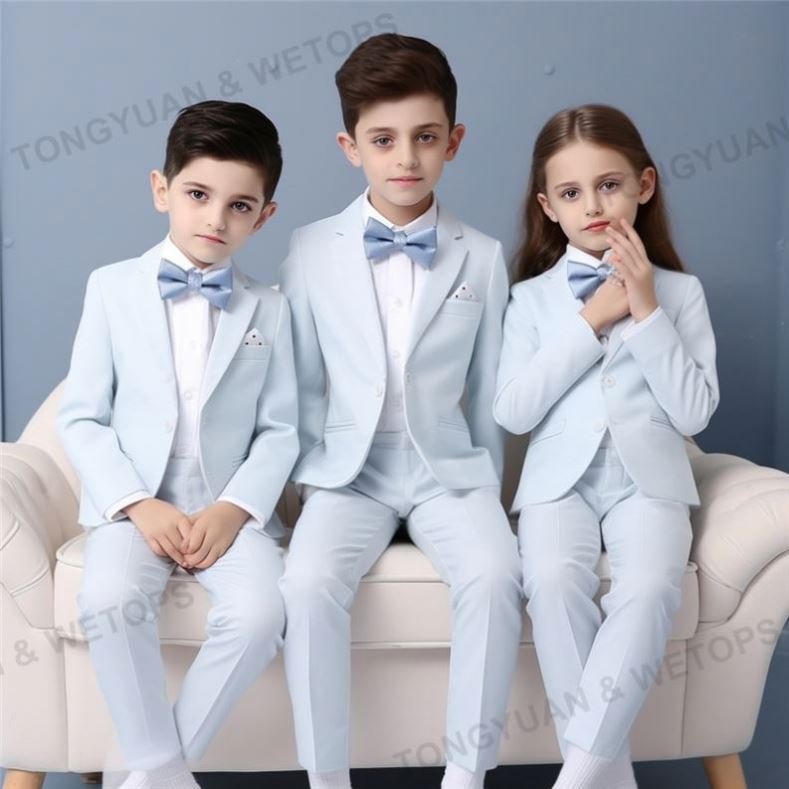 Custom Clothing Bow Tie 3 Piece White Blue Formal wear Child Tuxedos Outfits Kids Party Clothes Boys Clothing Set For Wedding