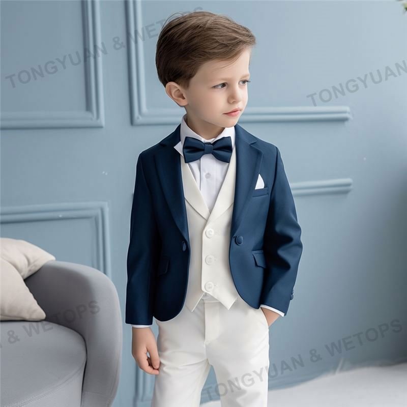 Custom Clothing Bow Tie 3 Piece White Blue Formal wear Child Tuxedos Outfits Kids Party Clothes Boys Clothing Set For Wedding