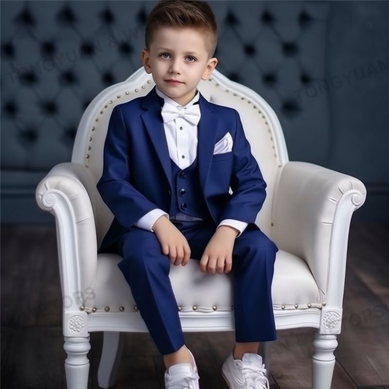 Custom Clothing Bow Tie 3 Piece White Blue Formal wear Child Tuxedos Outfits Kids Party Clothes Boys Clothing Set For Wedding