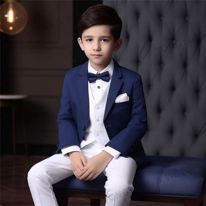 Custom Clothing Bow Tie 3 Piece White Blue Formal wear Child Tuxedos Outfits Kids Party Clothes Boys Clothing Set For Wedding