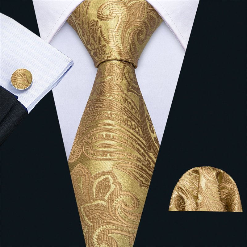 Formal Casual Business Fashion Design Dark Green Striped Woven Jacquard Men's Silk Tie Handkerchief Cufflinks Set