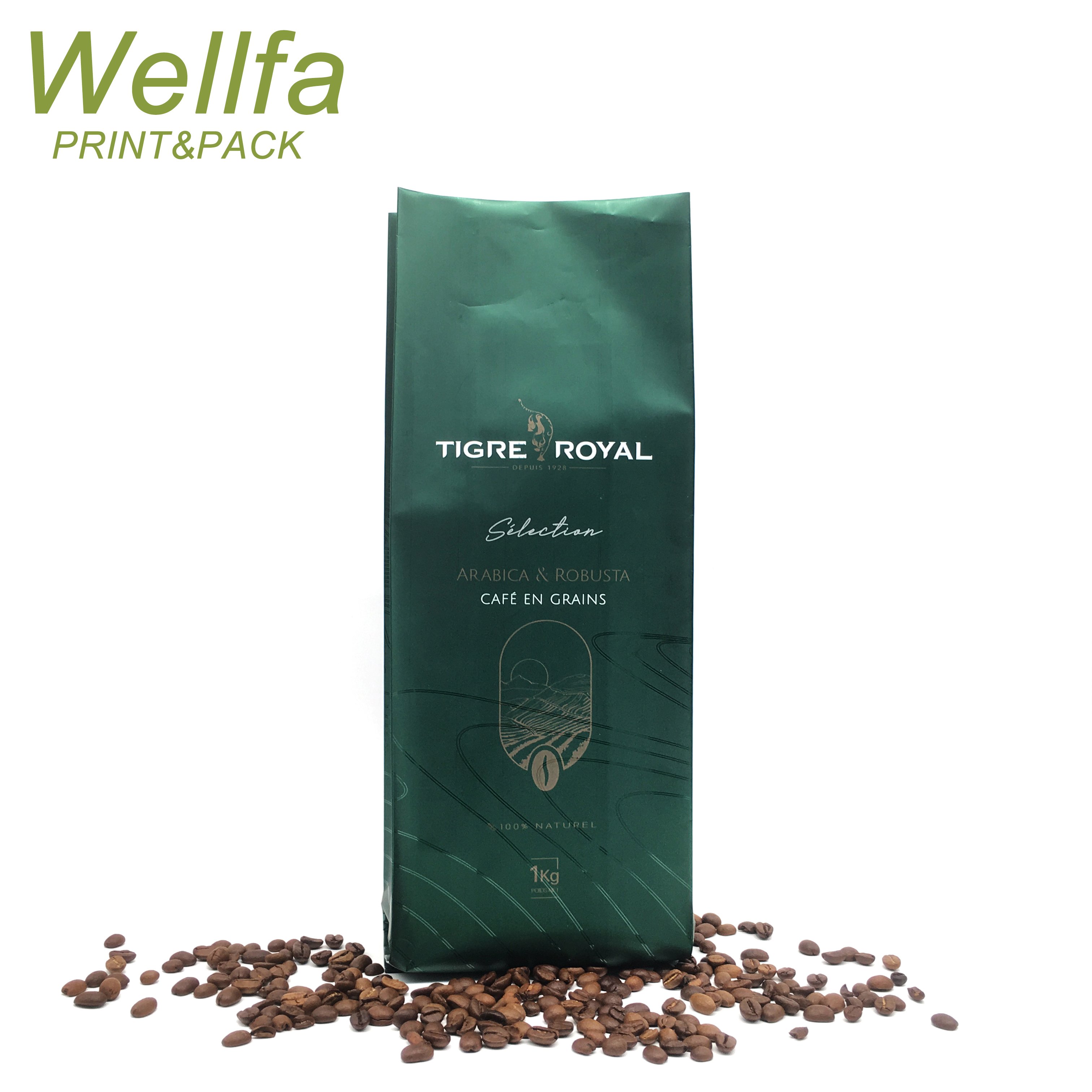 Printed Side Gusset Coffee Bean Packaging Bag with Valve & Tin Tie