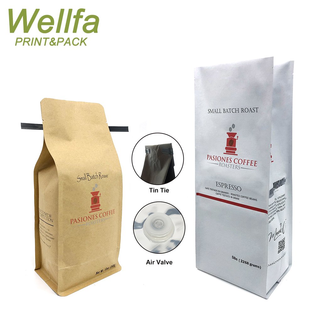Printed Side Gusset Coffee Bean Packaging Bag with Valve & Tin Tie