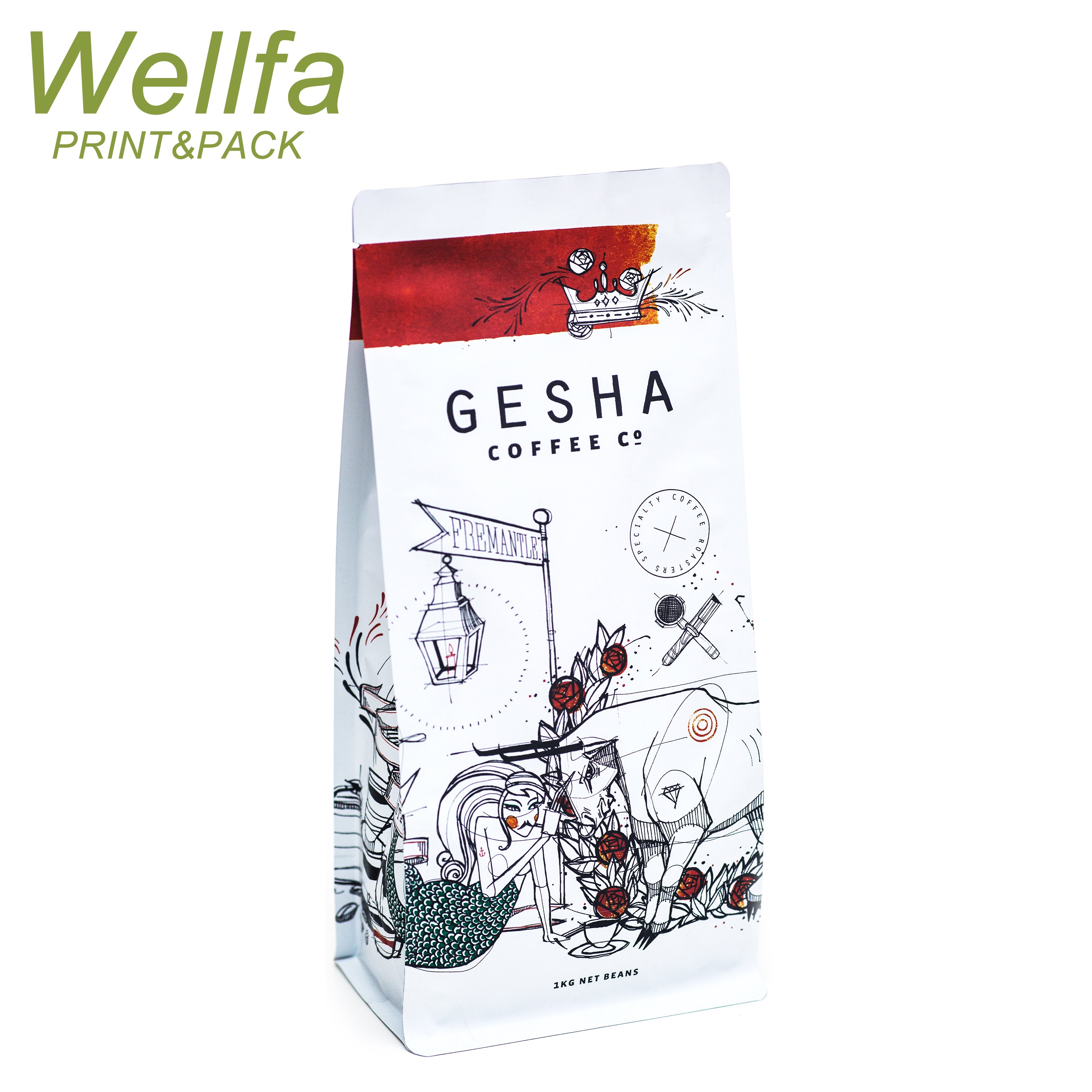 Printed Side Gusset Coffee Bean Packaging Bag with Valve & Tin Tie