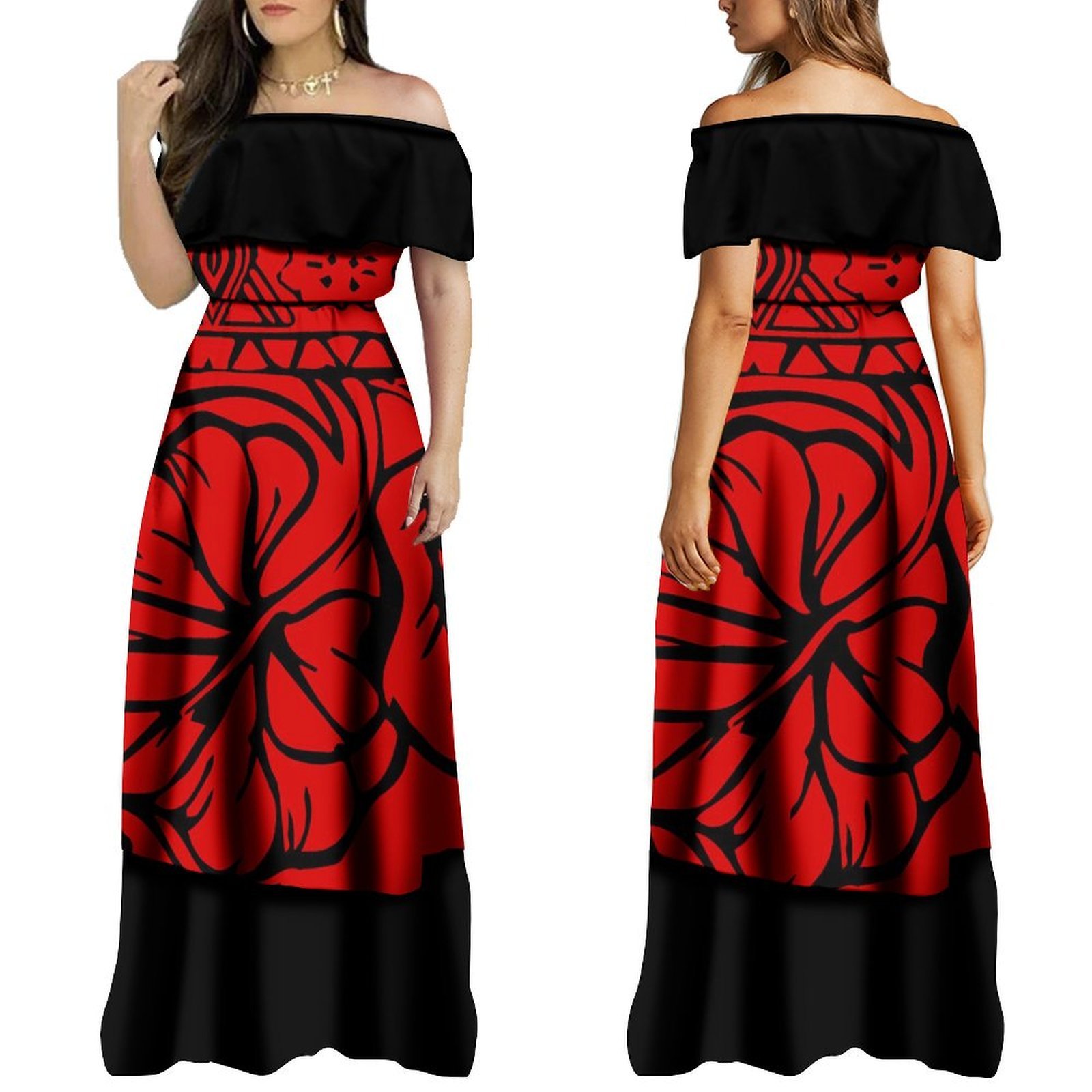 High Quality Custom Shawl Off The Shoulder Hawaiian Dress Brown Polynesian Tribal Printed Ladies Dress Long Maxi Tiered Dress