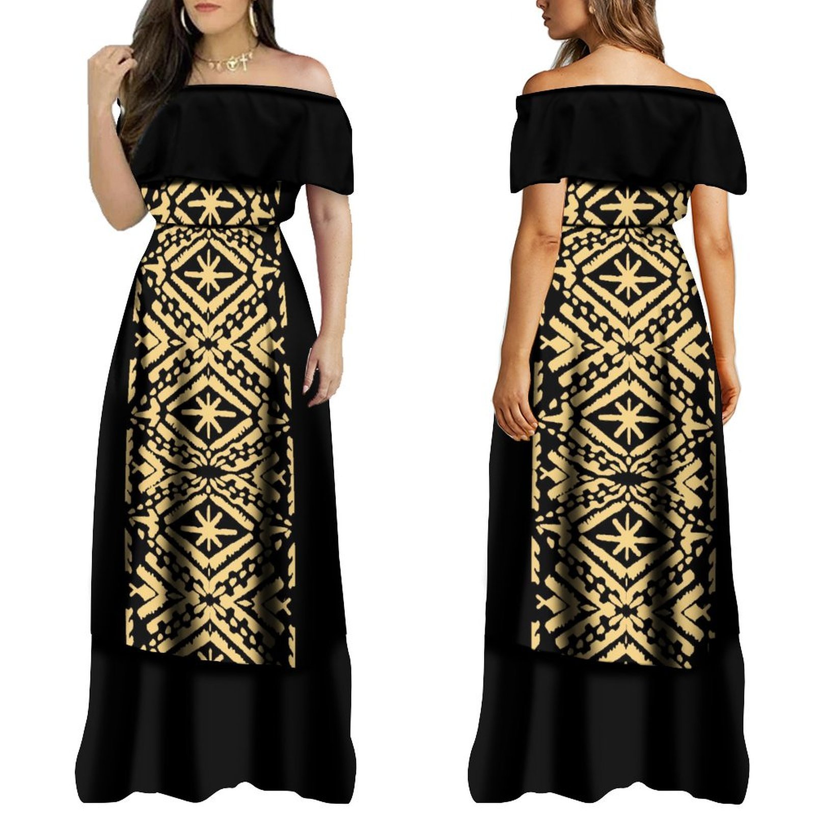 High Quality Custom Shawl Off The Shoulder Hawaiian Dress Brown Polynesian Tribal Printed Ladies Dress Long Maxi Tiered Dress
