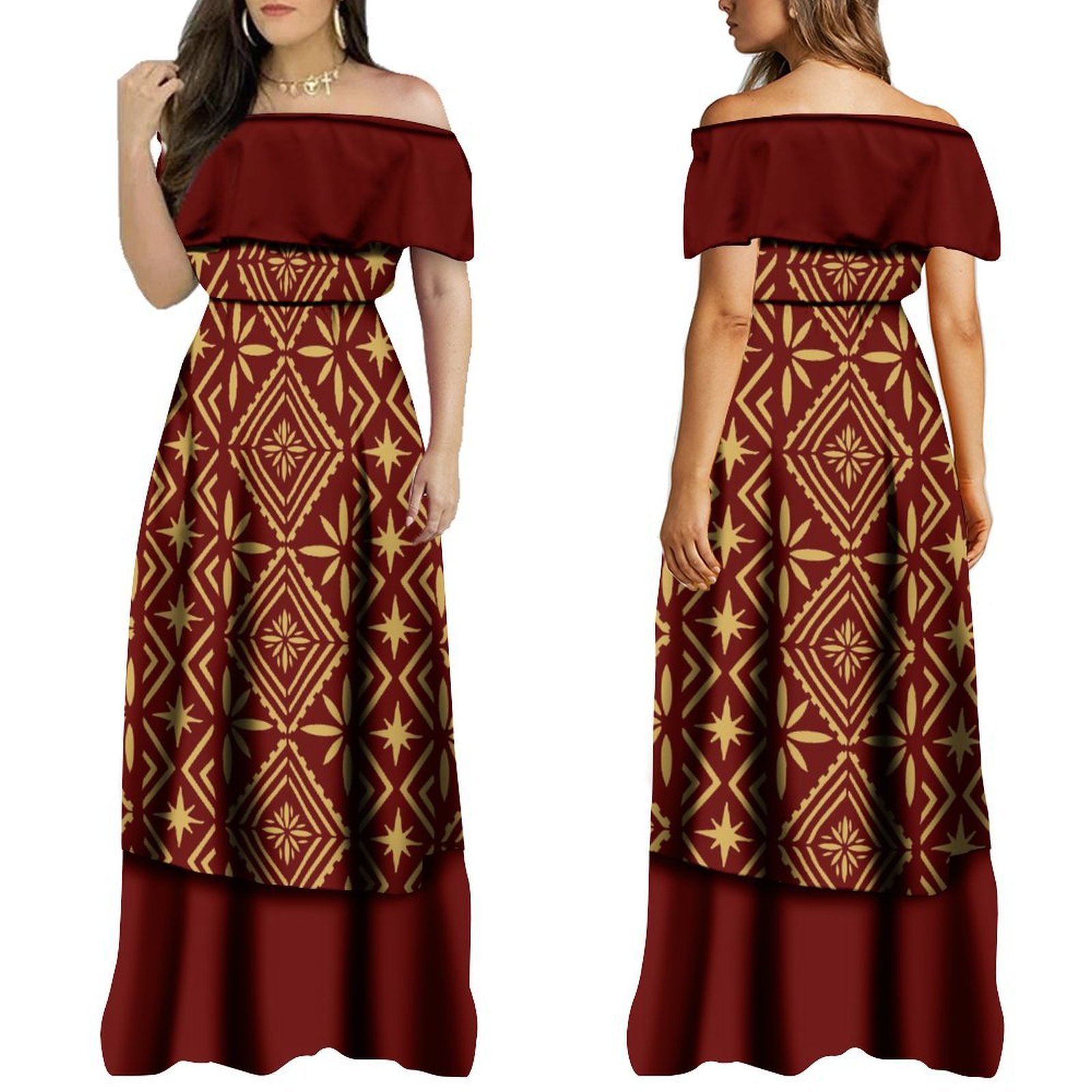 High Quality Custom Shawl Off The Shoulder Hawaiian Dress Brown Polynesian Tribal Printed Ladies Dress Long Maxi Tiered Dress