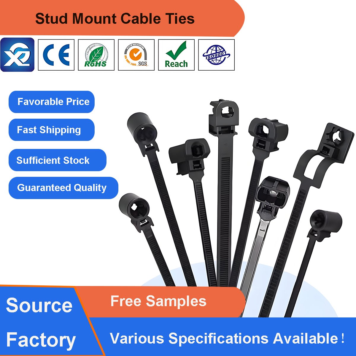 Weld Stud Mount Cable Ties and Mountable Head Nylon Zip Ties Suitable for Assembly Bolts