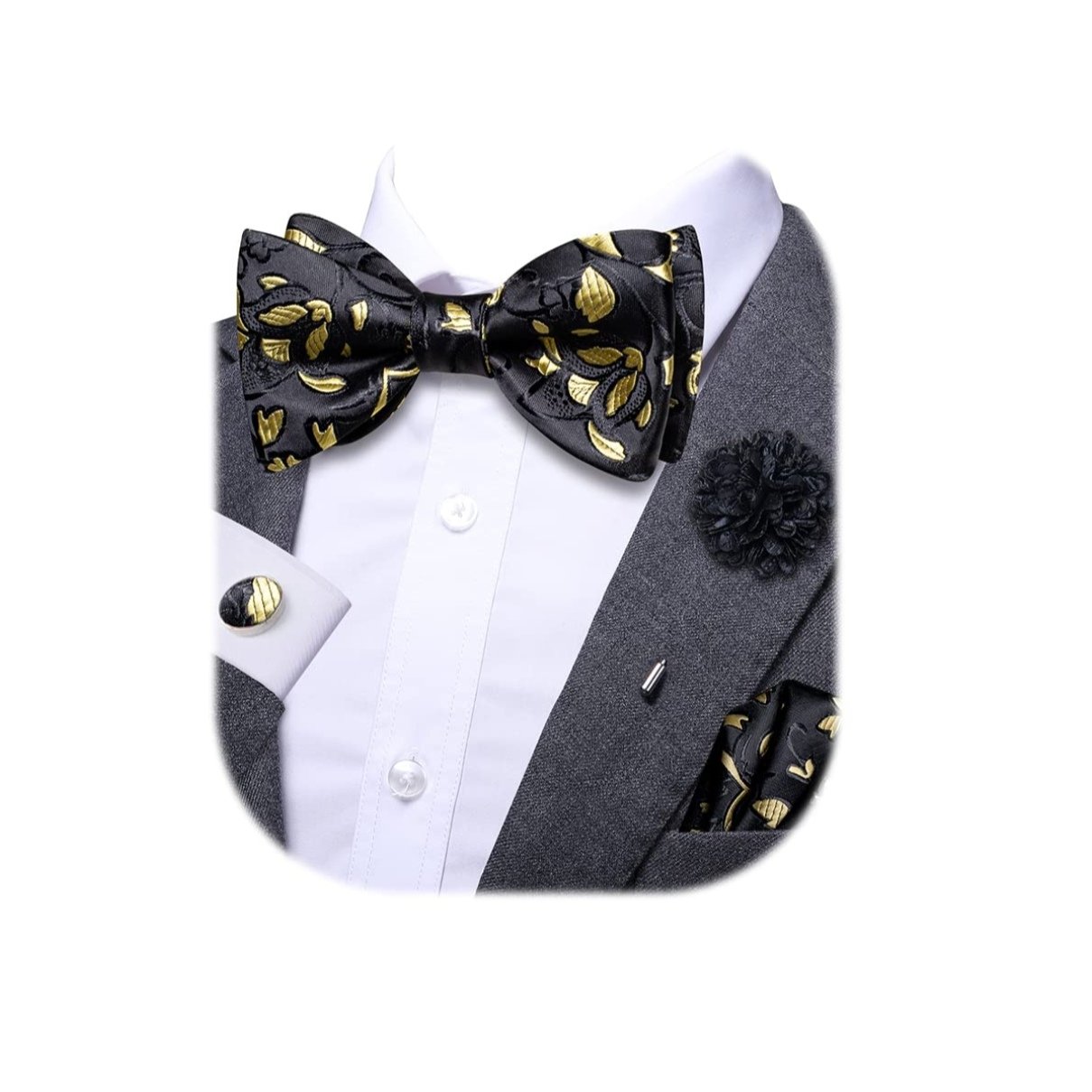 100% Pure Silk Weave Woven Jacquard Black Bowtie And hanky and Cuff-link And Pin Customization For Men Classic Ties