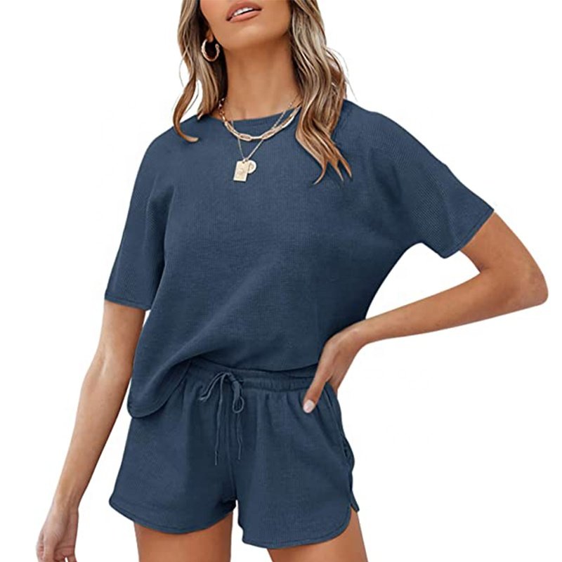 Women's 2 Piece Outfits Waffle Knit Lounge Pajama Sets Summer Top And Shorts Suits Cotton Women's 2 Piece Outfits Pajama Sets