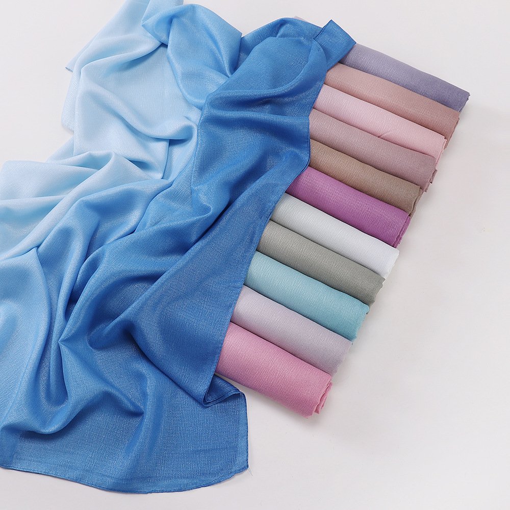 2024 Wholesale Malaysia Two-color Gradient Shawl Headscarf Muslim Women Hijab Scarf Voile Shiny Silk Ombre Hijab