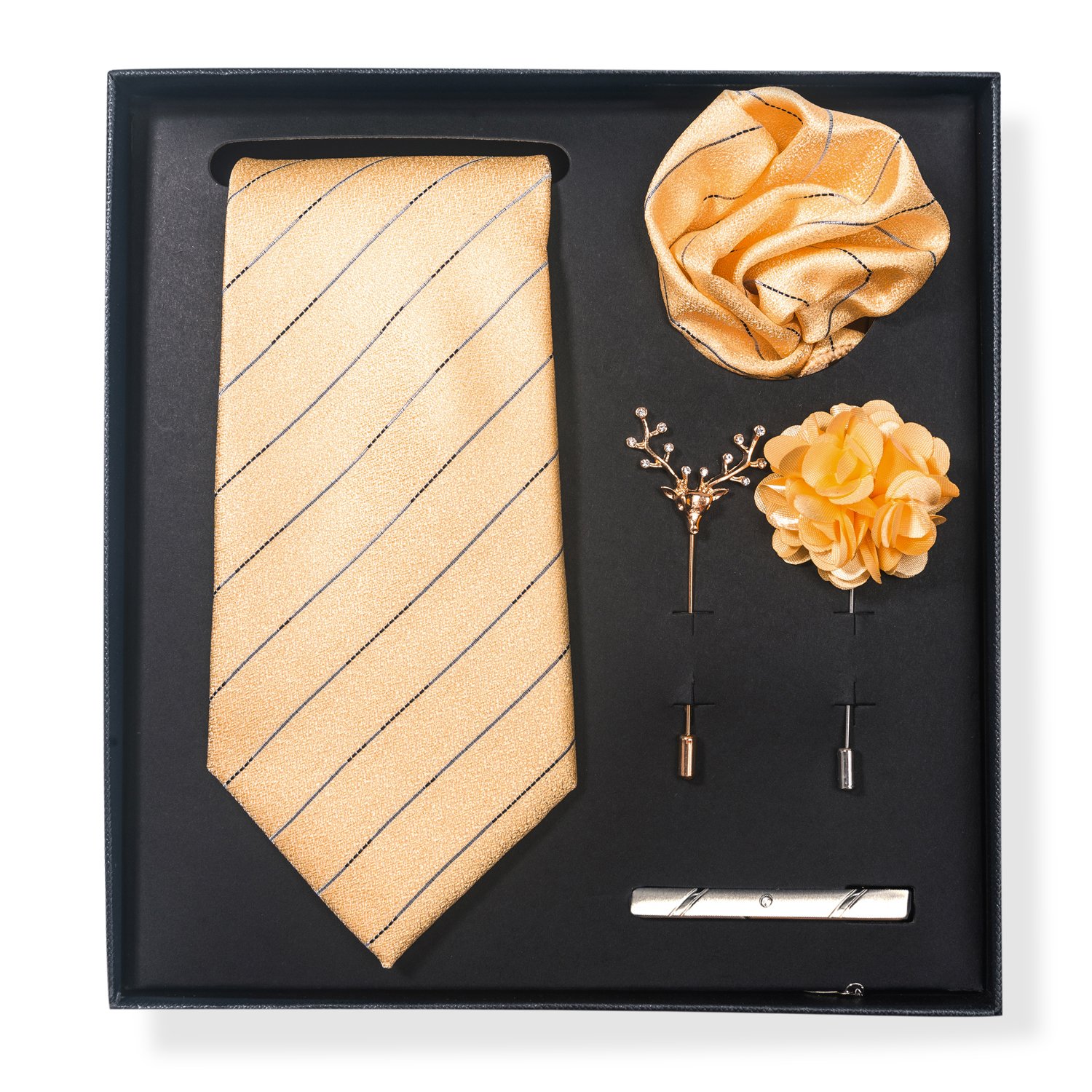 Brand Luxury Gift Box Necktie Pocket Square Silk Tie Set Handkerchief Tie Clips Brooch Set Men Golden Paisley Birthday Gift