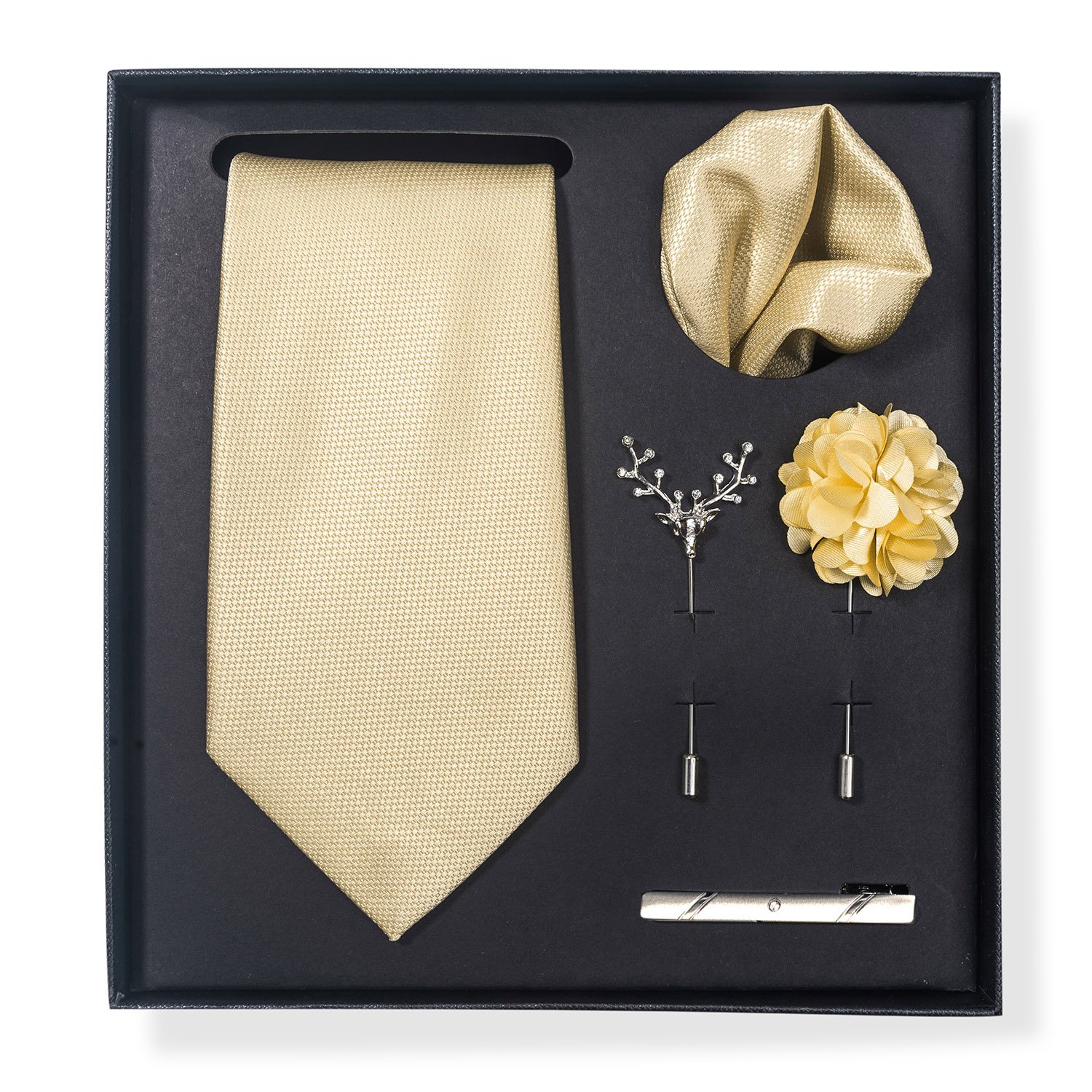 Brand Luxury Gift Box Necktie Pocket Square Silk Tie Set Handkerchief Tie Clips Brooch Set Men Golden Paisley Birthday Gift