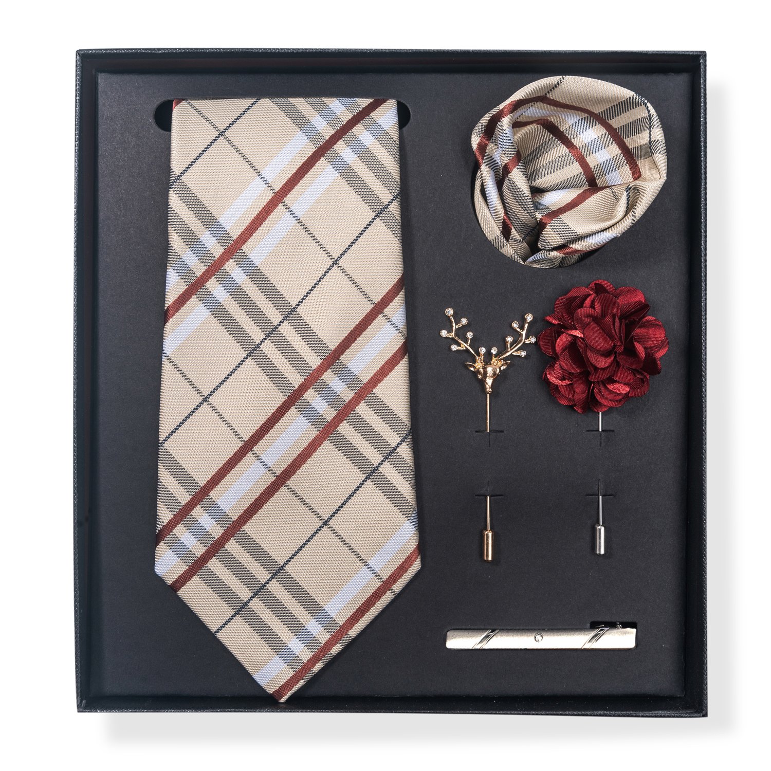 Brand Luxury Gift Box Necktie Pocket Square Silk Tie Set Handkerchief Tie Clips Brooch Set Men Golden Paisley Birthday Gift