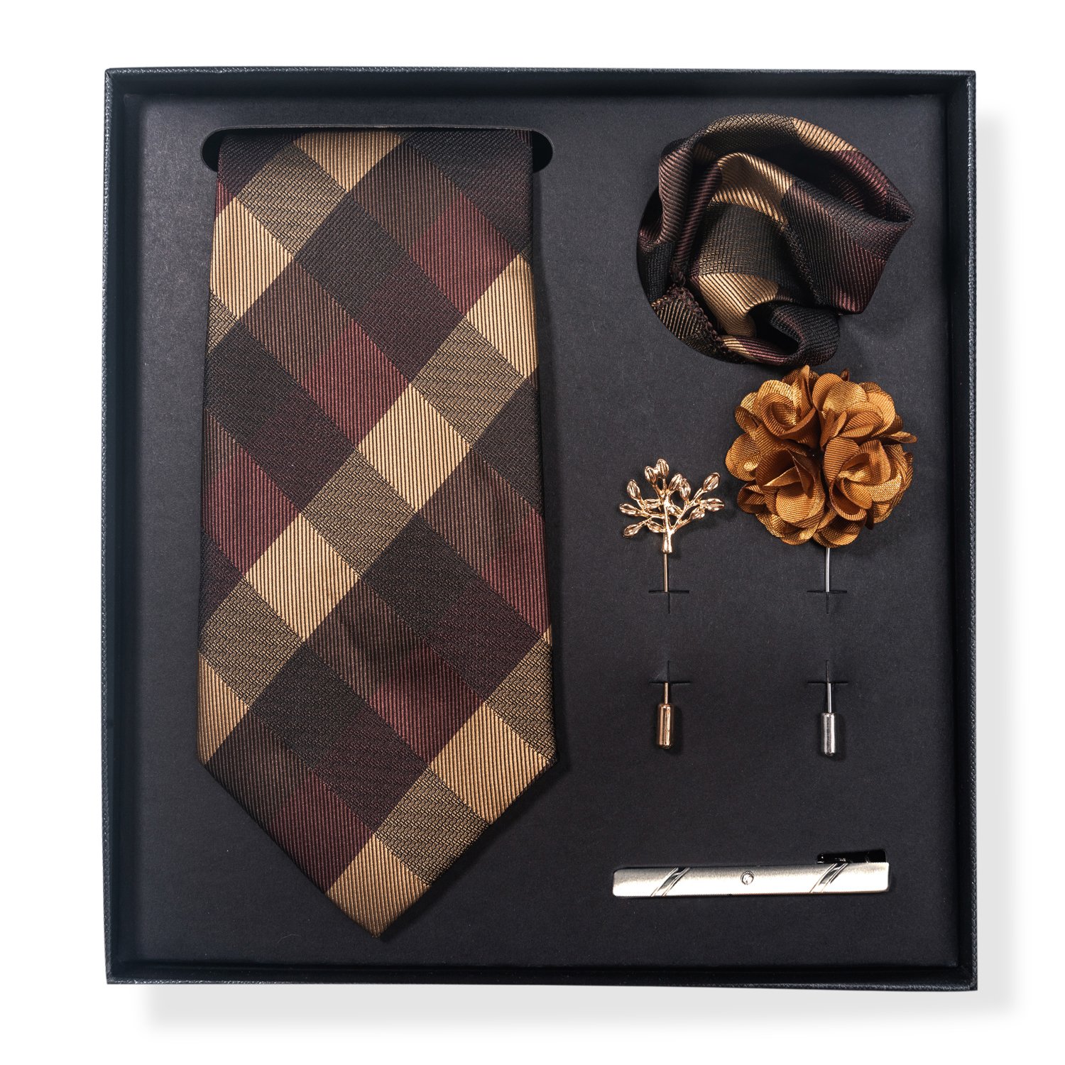 Brand Luxury Gift Box Necktie Pocket Square Silk Tie Set Handkerchief Tie Clips Brooch Set Men Golden Paisley Birthday Gift