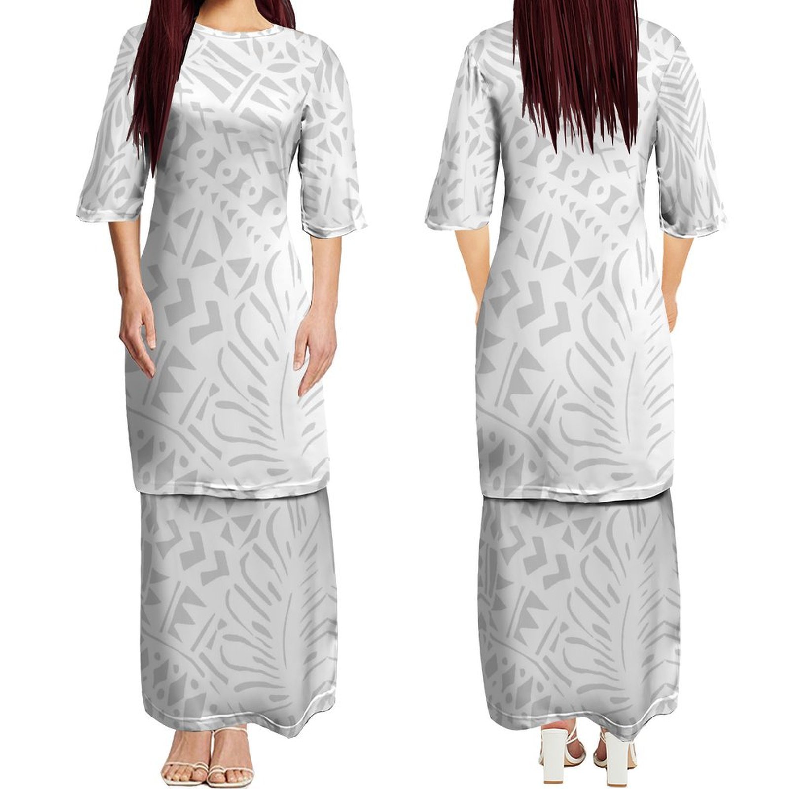New Designer Custom Mother's Day Gift White Design Polynesian Tribal Printed Samoa Puletasi Set Ptaha Female Womens 2 Piece Sets