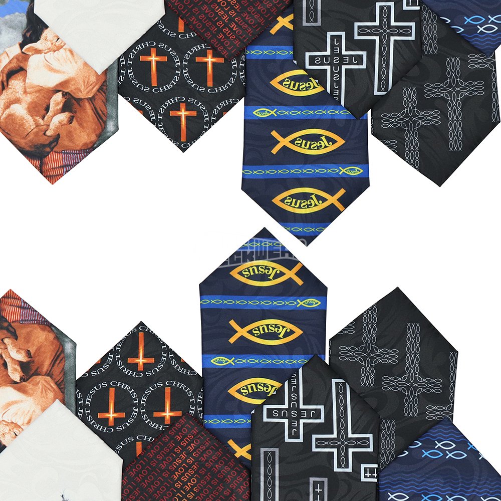 Customize Neckties Poly Print Ichthys Jesus Navy Blue Striped Tie Religious Christian Gifts In Bulk