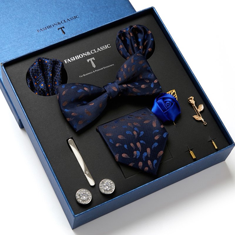 Brand Classic 7.5 cm Tie Pocket Squares Cufflink Set Necktie Box Men Suit Accessories Blue Wedding Birthday Present