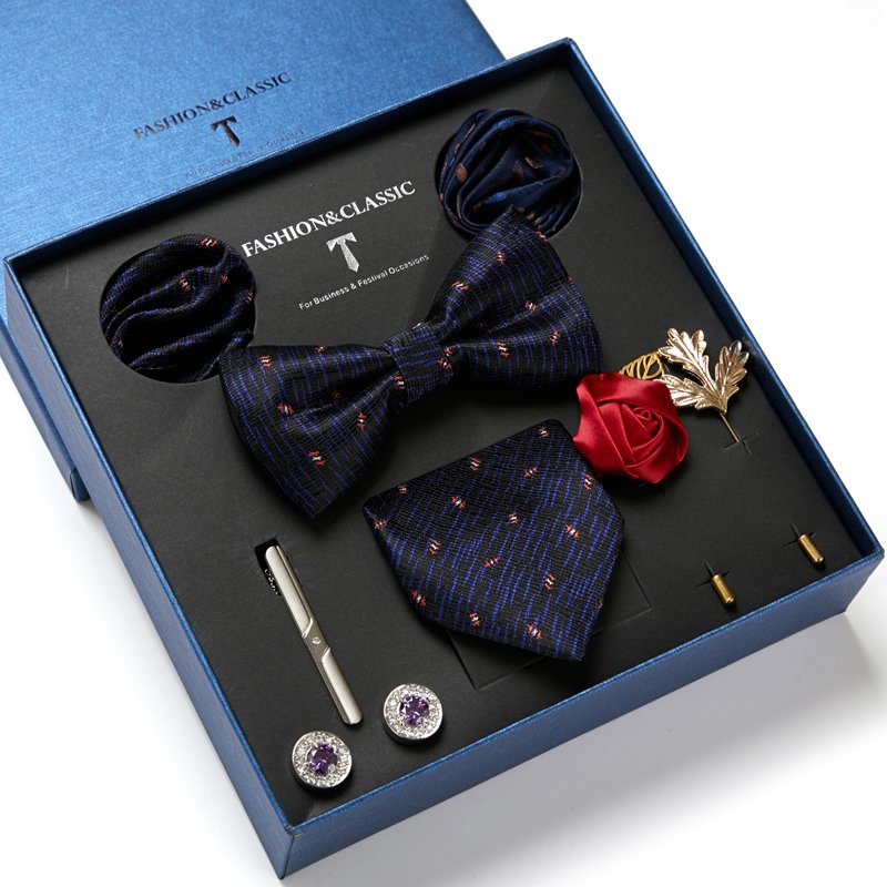 Brand Classic 7.5 cm Tie Pocket Squares Cufflink Set Necktie Box Men Suit Accessories Blue Wedding Birthday Present