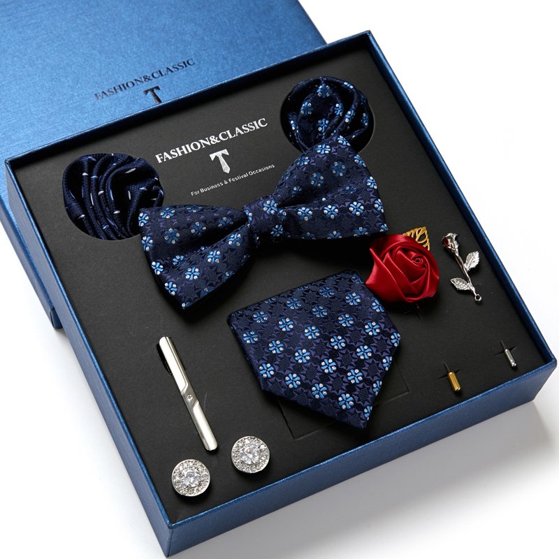 Brand Classic 7.5 cm Tie Pocket Squares Cufflink Set Necktie Box Men Suit Accessories Blue Wedding Birthday Present