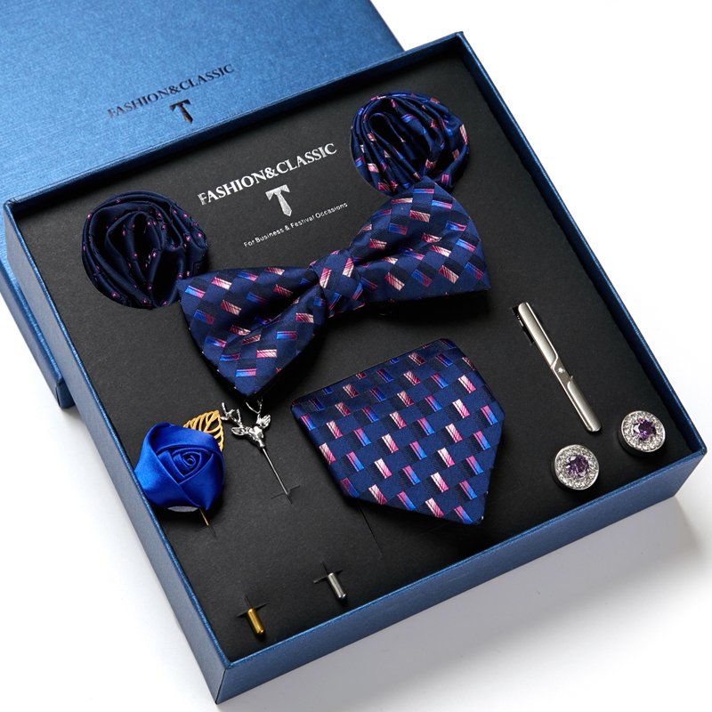 Brand Classic 7.5 cm Tie Pocket Squares Cufflink Set Necktie Box Men Suit Accessories Blue Wedding Birthday Present