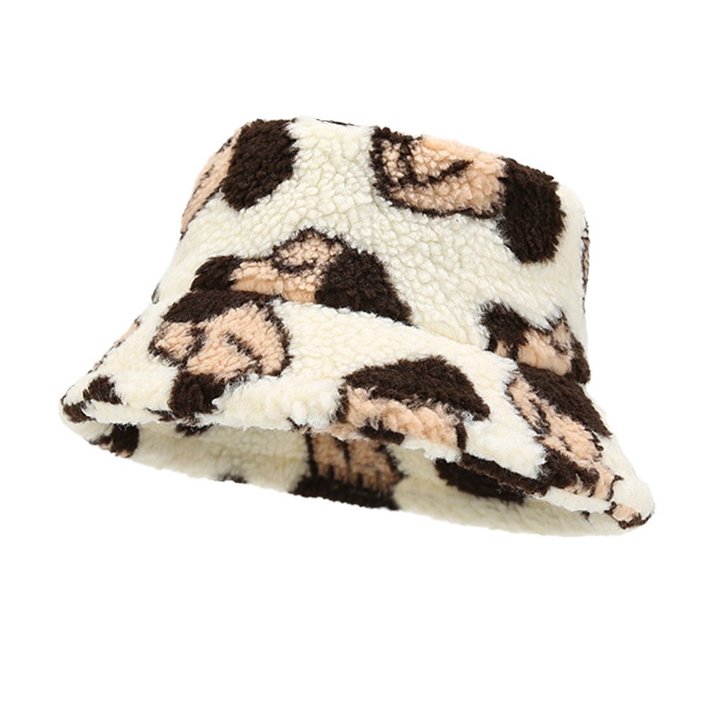 Winter Warm Faux Fur Bucket Hat Panama Cap Fashion Bowknot Cartoon Dog Fisherman Hat for Women Men