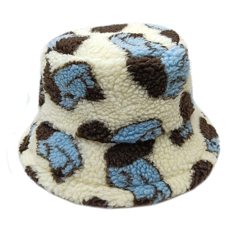 Winter Warm Faux Fur Bucket Hat Panama Cap Fashion Bowknot Cartoon Dog Fisherman Hat for Women Men