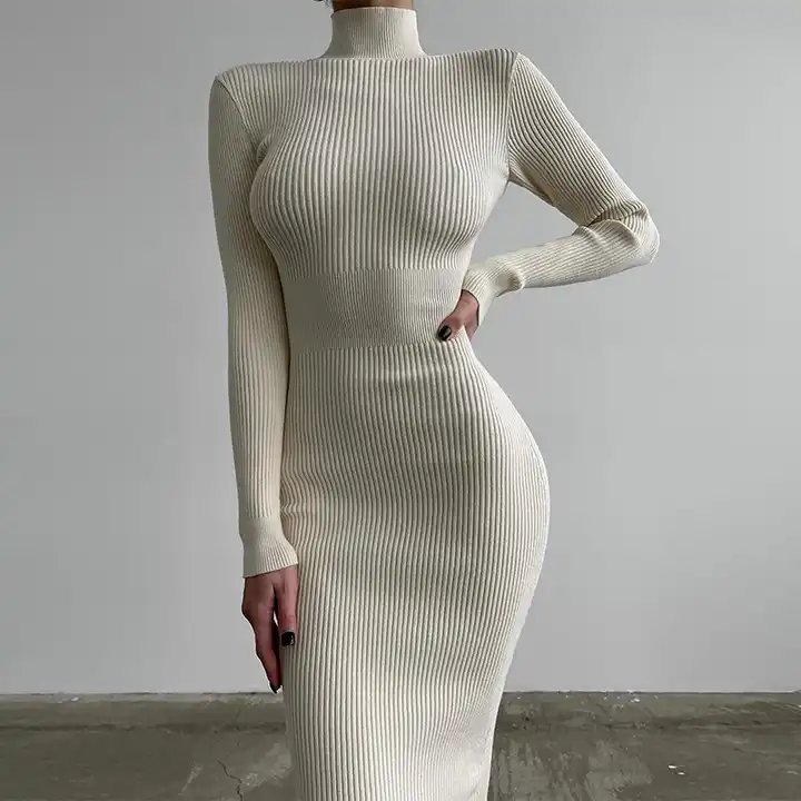 2023 Winter Women Luxury High Collar Maxi Casual Black Sweater Slim Bodycon Sexy Crochet Knit Long Sleeve Dress