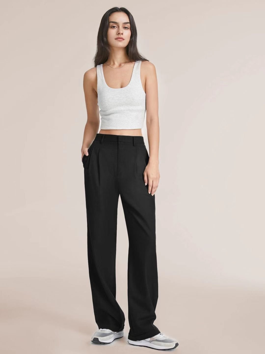 Women Commuter Hanging Thin High Waist Casual Suit Pants With Belt Wide Leg