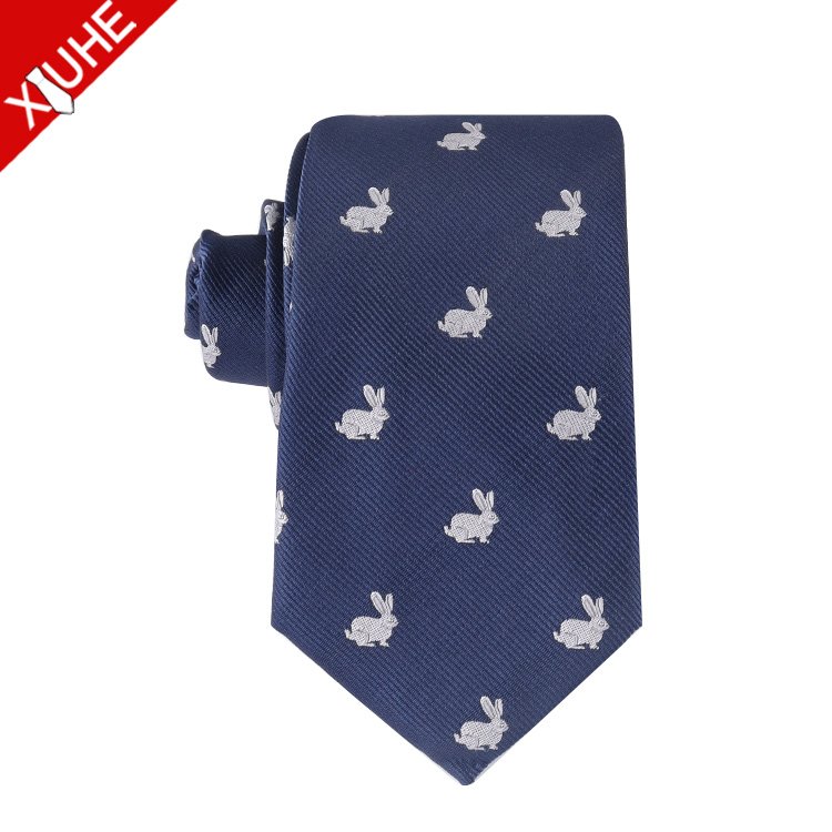 Navy Blue Custom Woven Tie Cartoon Pattern Slim Necktie Custom Polyester Mens Ties