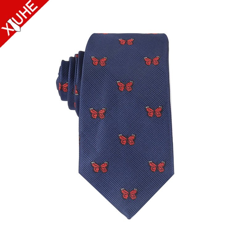 Navy Blue Custom Woven Tie Cartoon Pattern Slim Necktie Custom Polyester Mens Ties