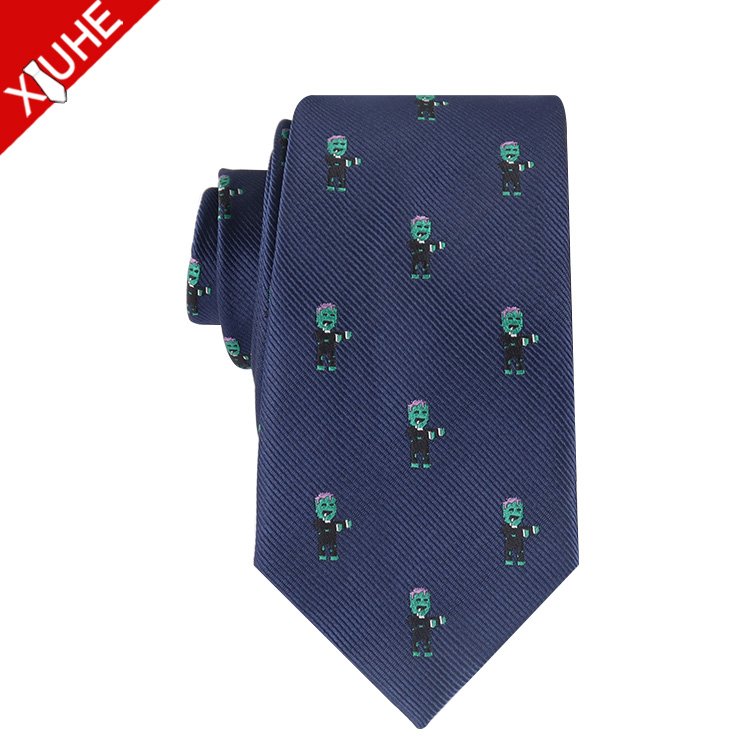 Navy Blue Custom Woven Tie Cartoon Pattern Slim Necktie Custom Polyester Mens Ties