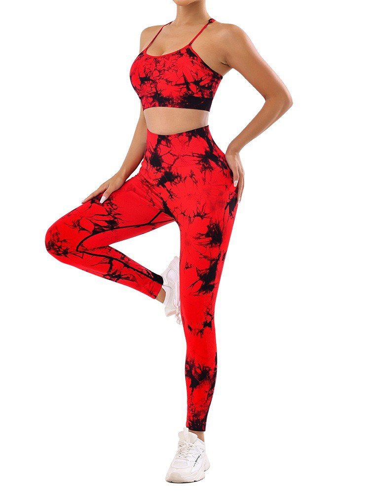 HH Customized Seamless Tie Dye Gym Sets Yoga Leggings Suits Women One Shoulder Peach Butt Fitness Leggings Bra Set Workout Wear
