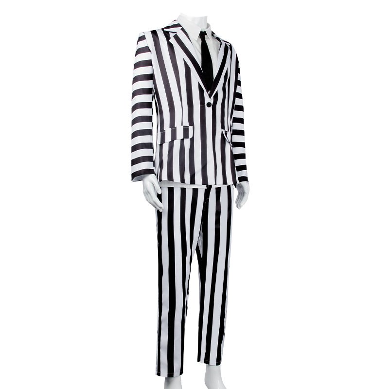 Men Anime Cosplay Black and White Stripe Costume Jacket Shirt Pant Set Halloween Suit