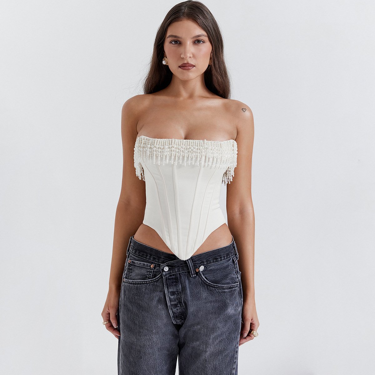 Super Quality Pearl Tassel Sexy Crop Tops Women Off-shoulder Backless Skinny Corset Tops Femme Satin Club Party Tops Mujer 2892