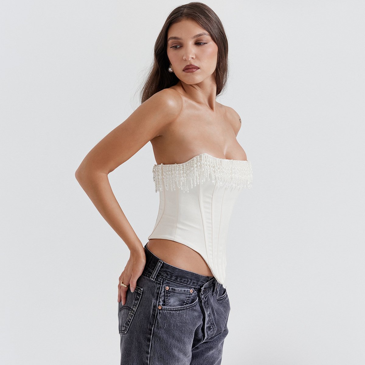 Super Quality Pearl Tassel Sexy Crop Tops Women Off-shoulder Backless Skinny Corset Tops Femme Satin Club Party Tops Mujer 2892