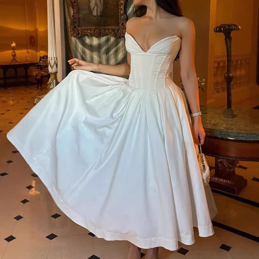 Foreign trade new women's dress sexy strapless backless fishbone waist tied black dress European and American long skirt dress