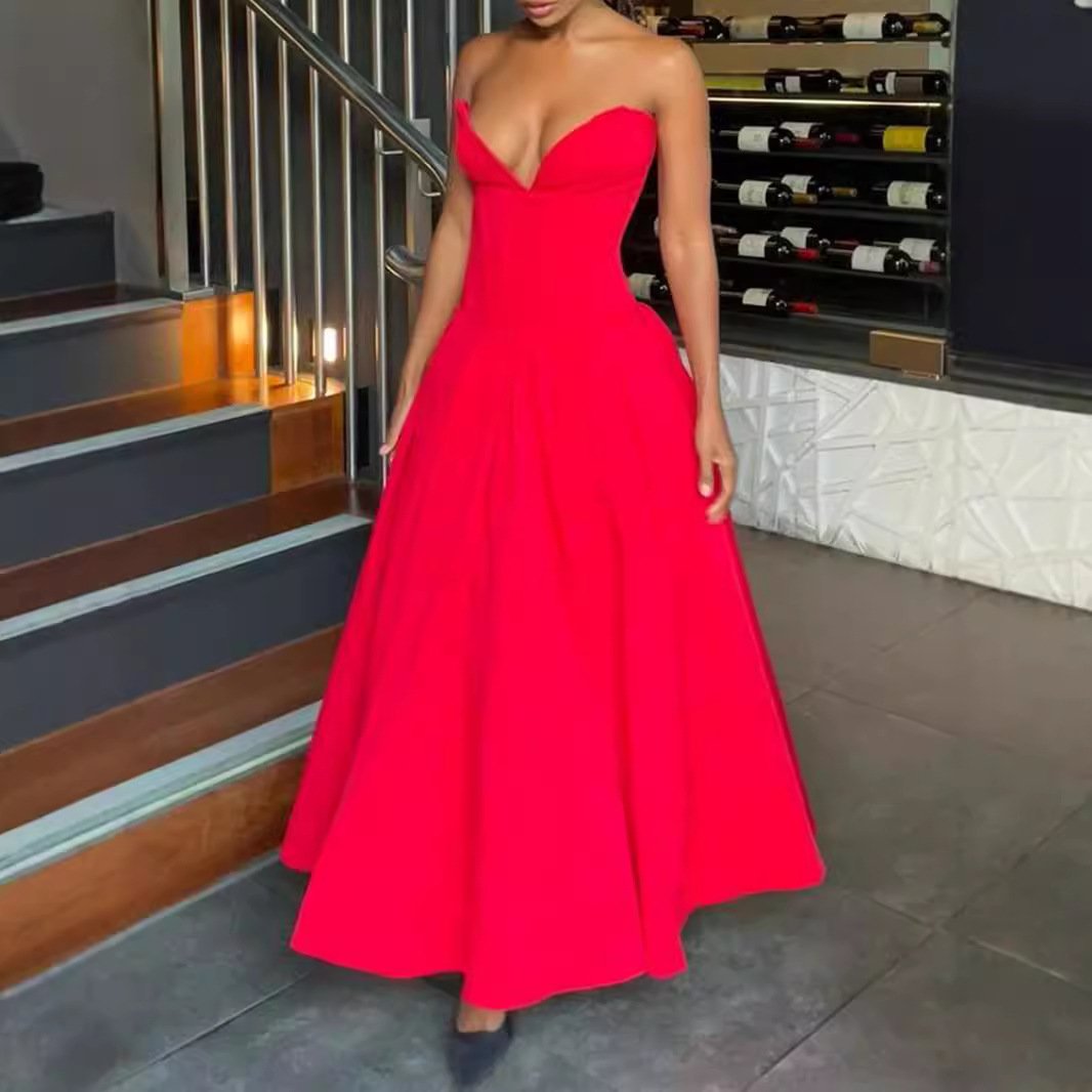 Foreign trade new women's dress sexy strapless backless fishbone waist tied black dress European and American long skirt dress