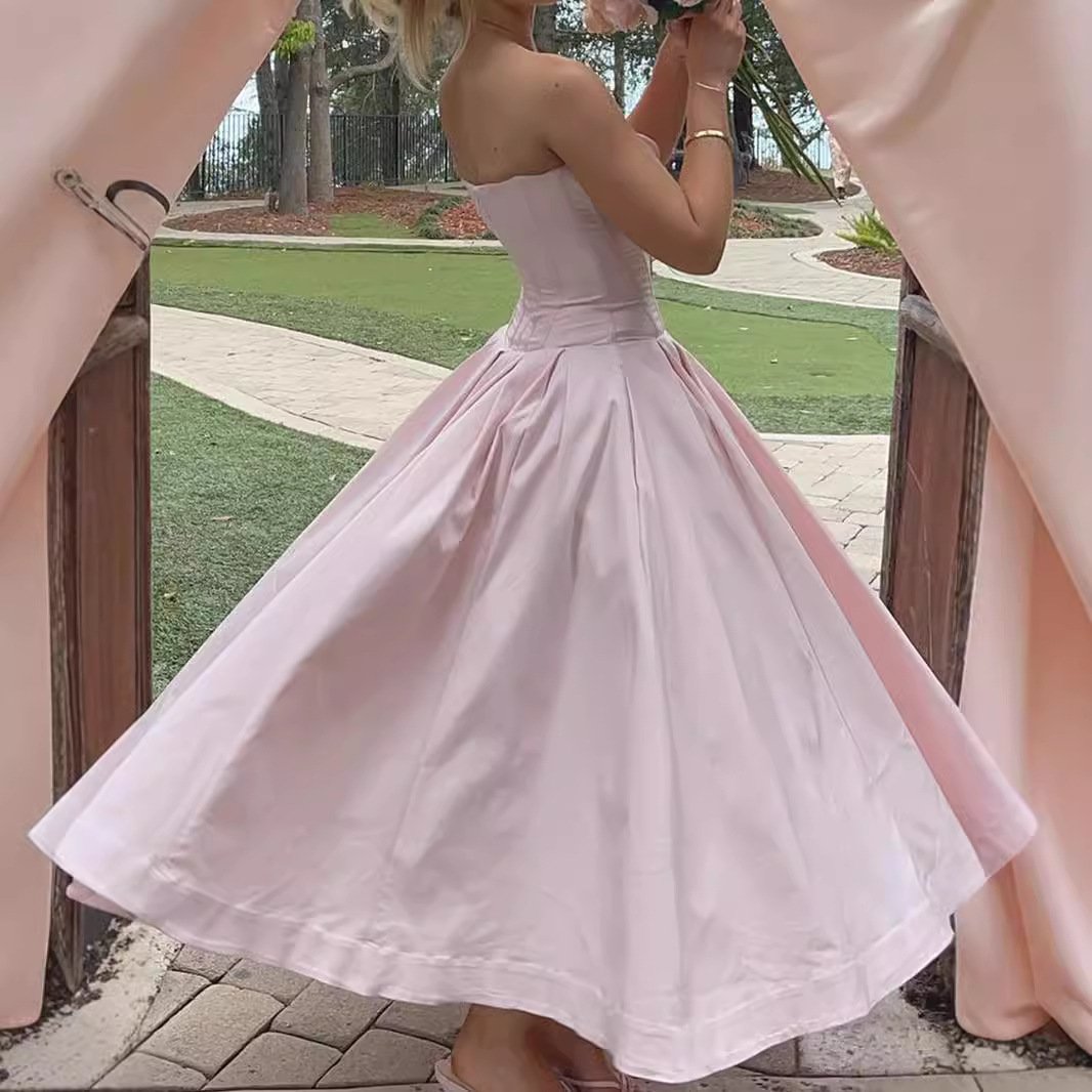 Foreign trade new women's dress sexy strapless backless fishbone waist tied black dress European and American long skirt dress