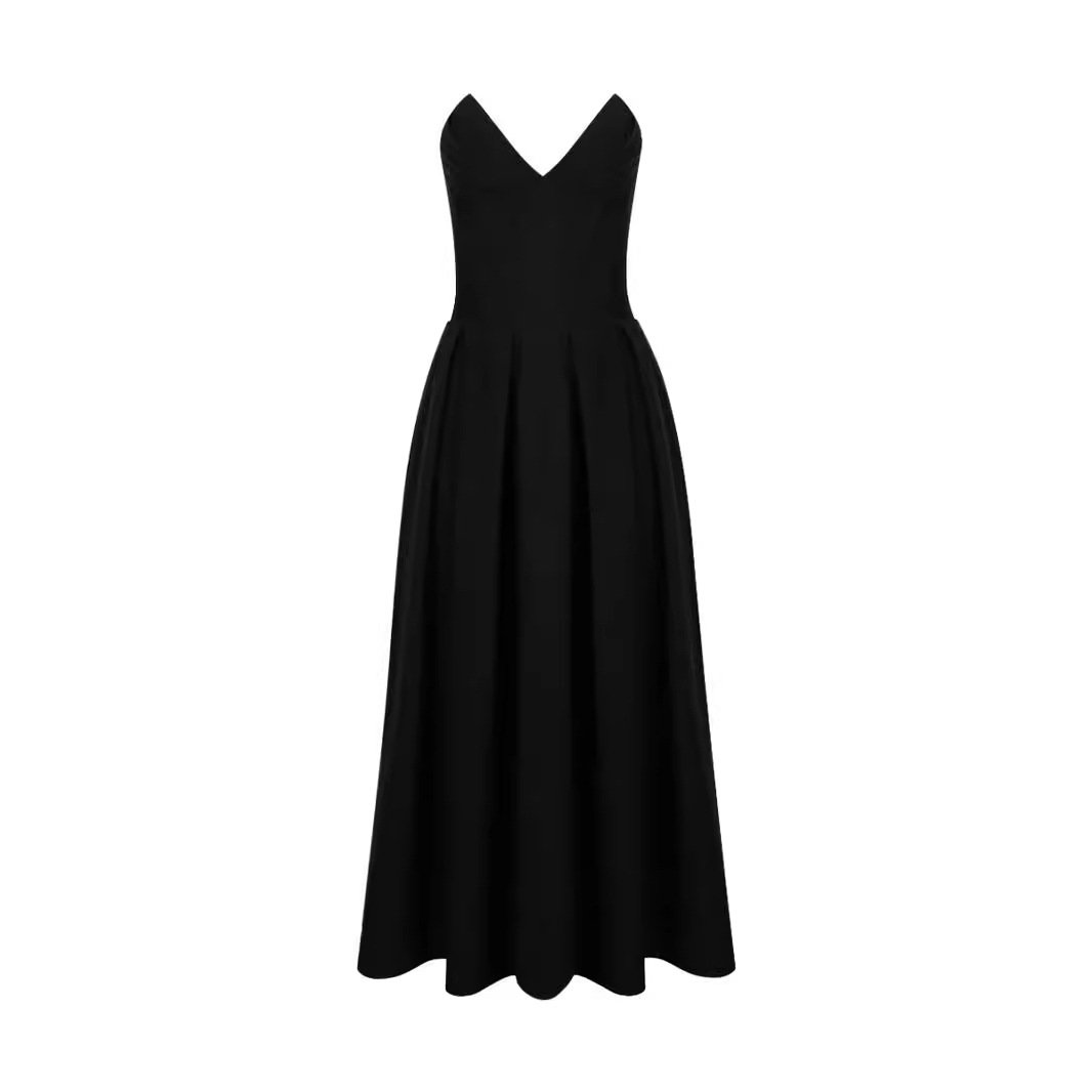 Foreign trade new women's dress sexy strapless backless fishbone waist tied black dress European and American long skirt dress