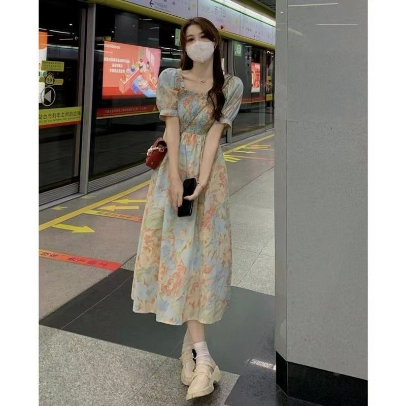 2023 Summer Korean version Floral Long Maxi Dress Waist Wrapped Dress Fat girl Evening Party Beach Holiday Wear Sun dress woman
