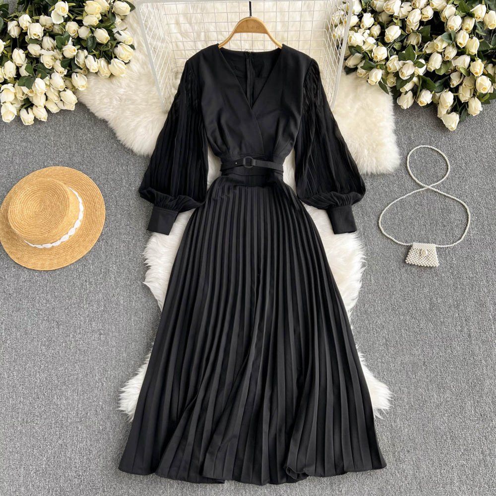 Wholesale Elegant V Neck Fashion Tie Waist Slim Long Sleeve Pleated Dress Retro Fashion Swing Long Dress