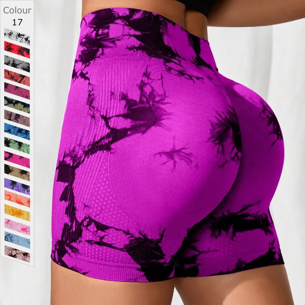 Wholesale Seamless Summer Booty Tie Dye Scrunch Sports Shorts for Women Elastic High Waist Push Up Yoga Gym Fitness Biker Shorts