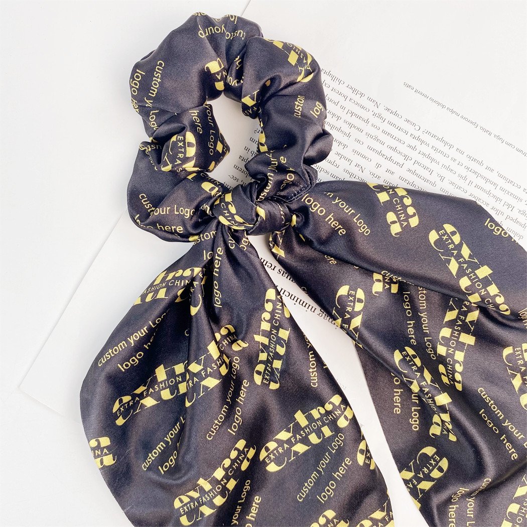 Wholesale custom printing logo scrunchy with bow satin ribbon hairband long scrunchies silk scarf scrunchies for women